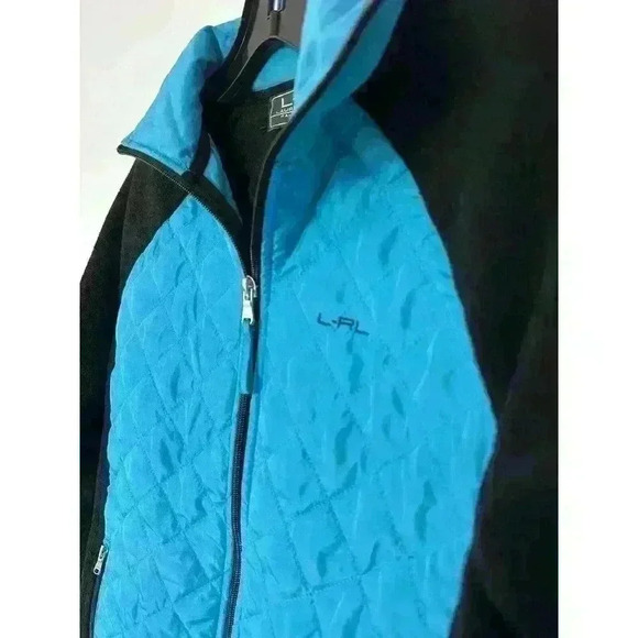 LRL Ralph Lauren Womens Petite S Blue Quilted & Black Polar Fleece Zip Up Jacket - Picture 2 of 9